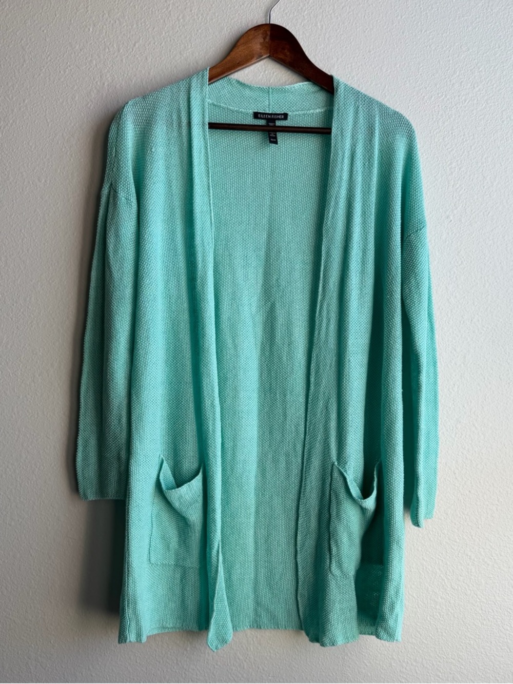 Eileen Fisher Organic Linen Aqua Blue Cardigan Duster Long Open Knit Sweater  G